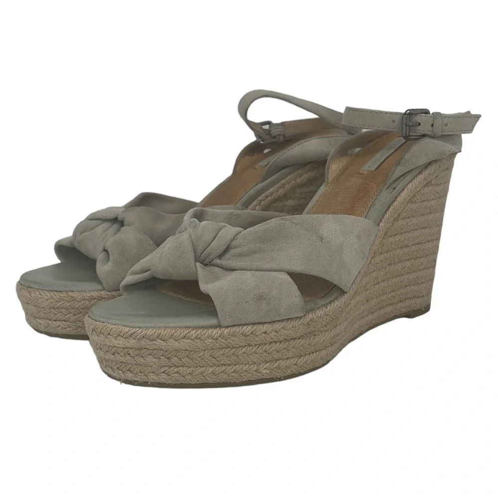 FRYE SANDALS Wedge Heel Shoes Ankle Strap Bow Tan Sage Leather Size 10